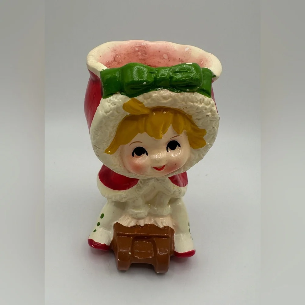 Vintage Lefton Girl on Winter‎ Sled Votive Candle Holder #7047, Japan, Holiday